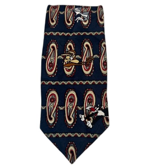 1995 Warner Bros. Looney Tunes Mania Blue Paisley Character Tie - Picture 1 of 6